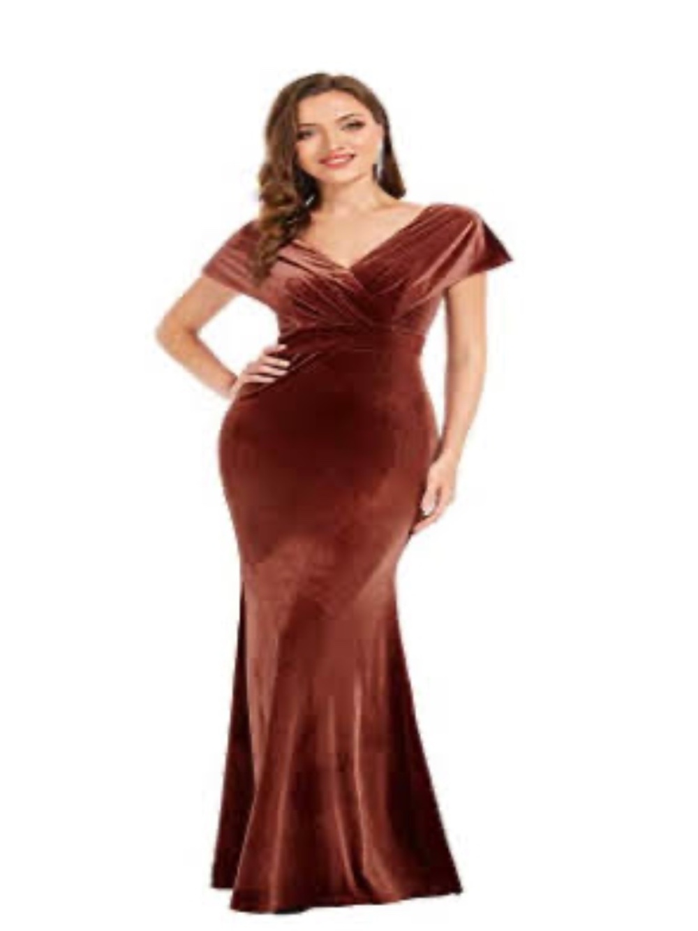 Ever-Pretty V-Neck Cap Sleeves Open Back Mermaid Velvet Wedding Guest Dress